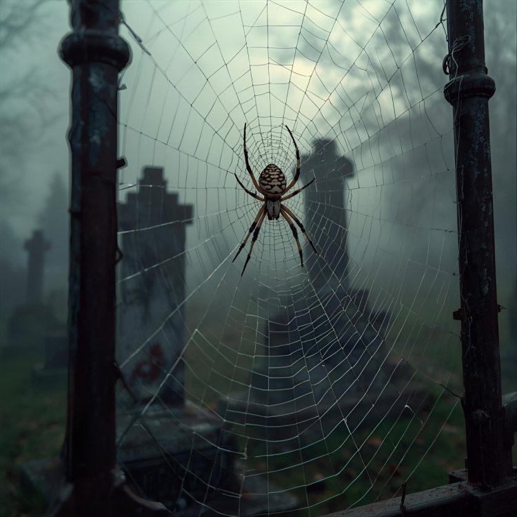 a detailed, atmospheric image of a large spider sitting on an intricate web stretched across an old, rusty jewish cemetery gate. Capture the misty morning light, with weathered tombstones barely visible in the background, e.jpg